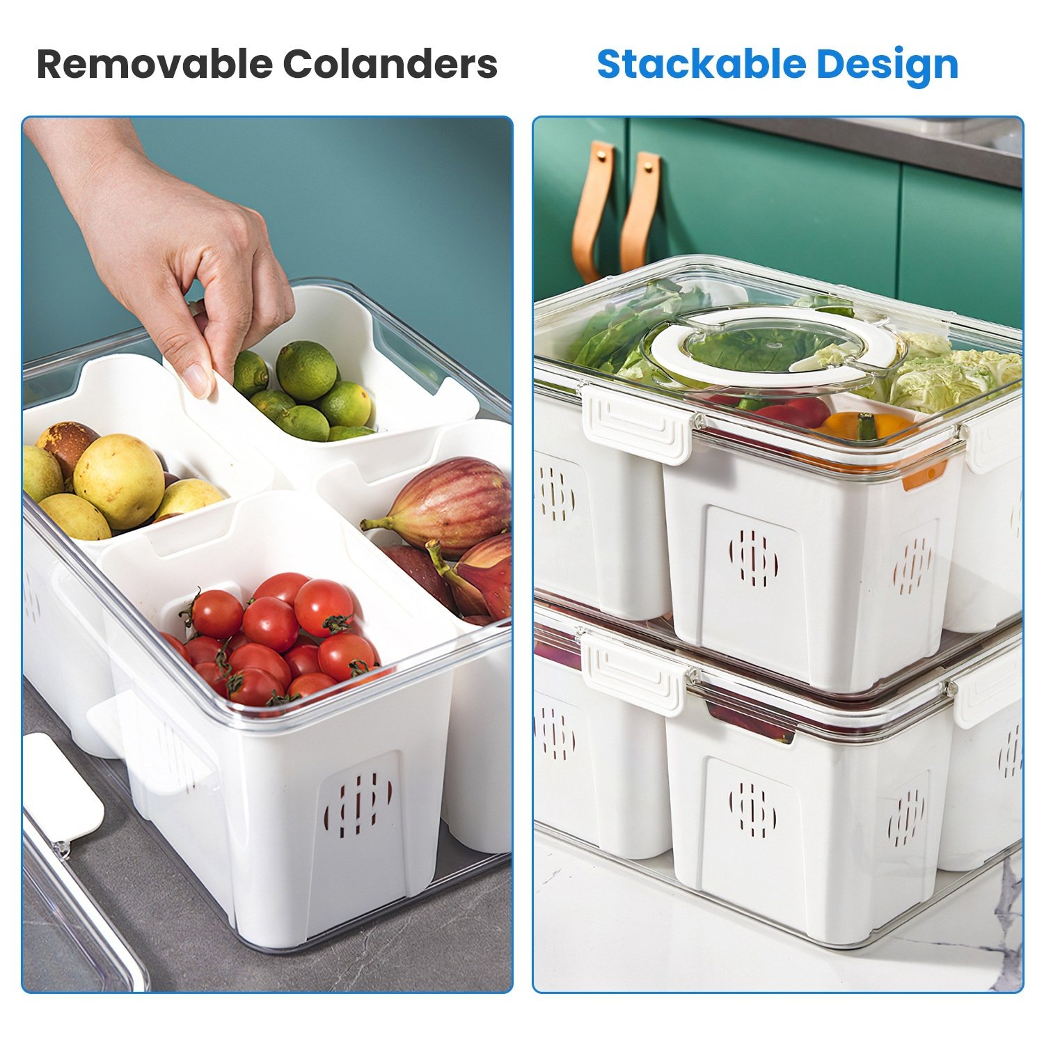 2Pack Airtight Fruit Storage Containers 4 Compartment Food Storage Containers Fruit Vegetable Organizers With 8 Removable Colanders For Fridge Picnic - Image 8