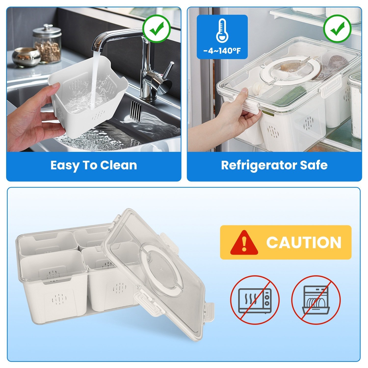 2Pack Airtight Fruit Storage Containers 4 Compartment Food Storage Containers Fruit Vegetable Organizers With 8 Removable Colanders For Fridge Picnic - Image 3