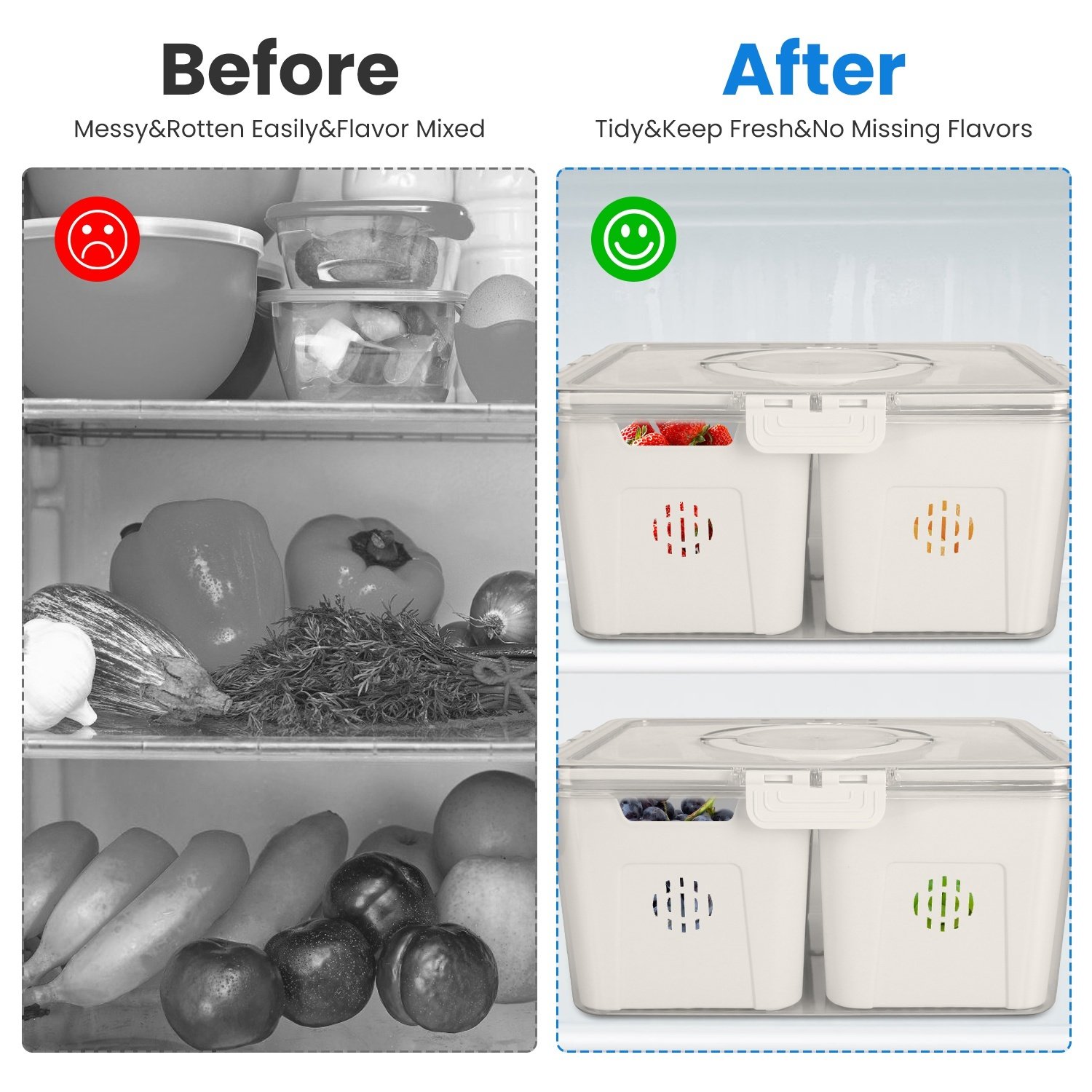 2Pack Airtight Fruit Storage Containers 4 Compartment Food Storage Containers Fruit Vegetable Organizers With 8 Removable Colanders For Fridge Picnic - Image 5